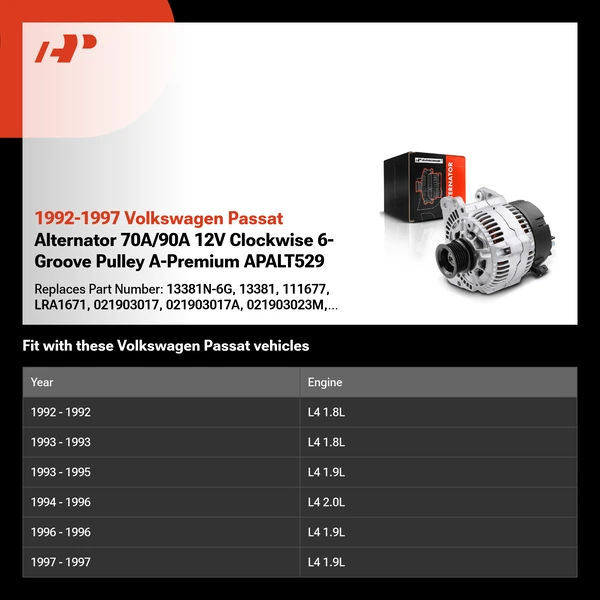 1992-1997 Volkswagen Passat Alternator 70A/90A 12V Clockwise 6-Groove Pulley A-Premium APALT529
