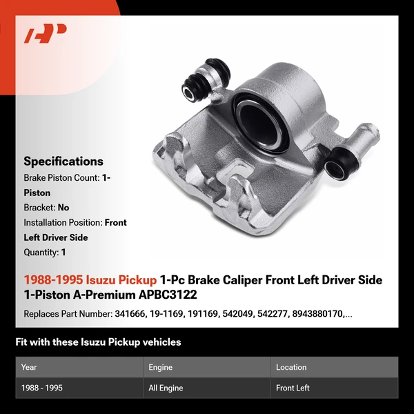 1988-1995 Isuzu Pickup 1-Pc Brake Caliper Front Left Driver Side 1-Piston A-Premium APBC3122