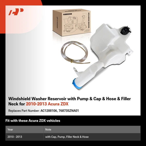 Windshield Washer Reservoir with Pump & Cap & Hose & Filler Neck for 2010-2013 Acura ZDX