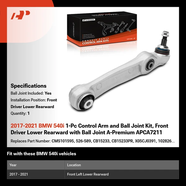 2017-2021 BMW 540i 1-Pc Control Arm and Ball Joint Kit, Front Driver Lower Rearward with Ball Joint A-Premium APCA7211