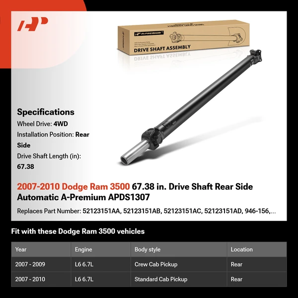 2007-2010 Dodge Ram 3500 67.38 in. Drive Shaft Rear Side Automatic A-Premium APDS1307