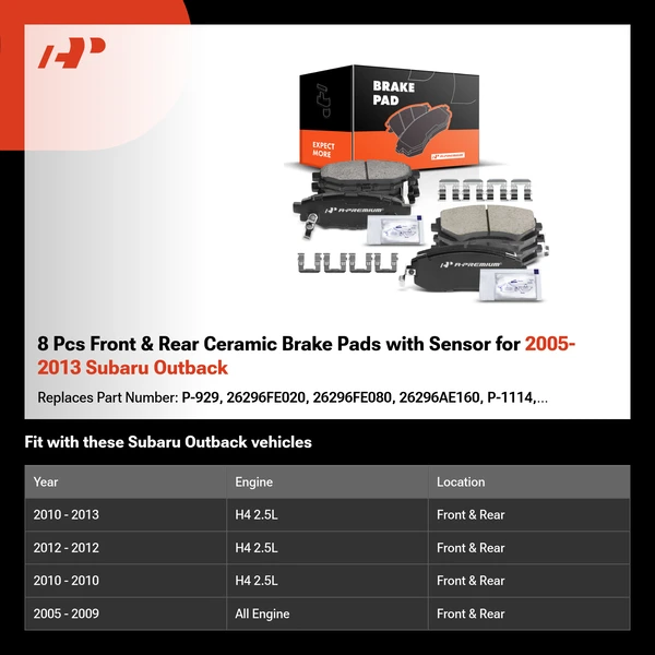 8 Pcs Front & Rear Ceramic Brake Pads with Sensor for 2005-2013 Subaru Outback