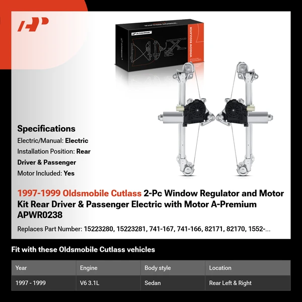 1997-1999 Oldsmobile Cutlass 2-Pc Window Regulator and Motor Kit Rear Driver & Passenger Electric with Motor A-Premium APWR0238