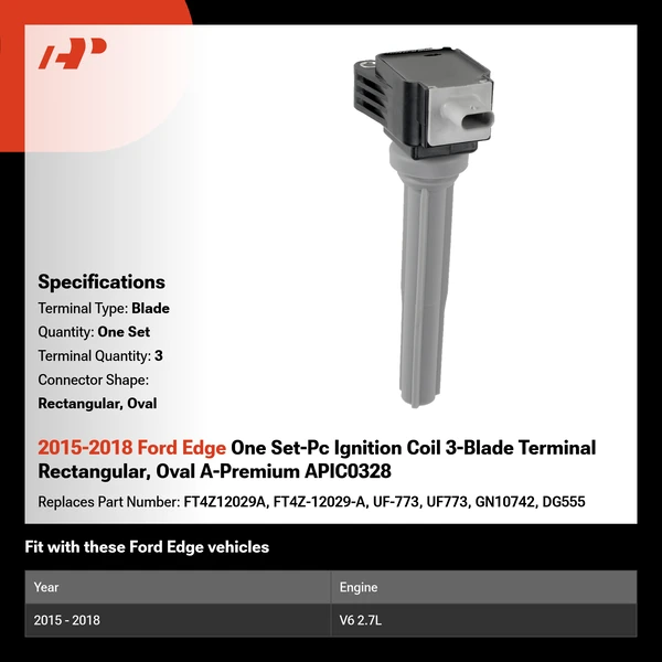2015-2018 Ford Edge One Set-Pc Ignition Coil 3-Blade Terminal Rectangular, Oval A-Premium APIC0328