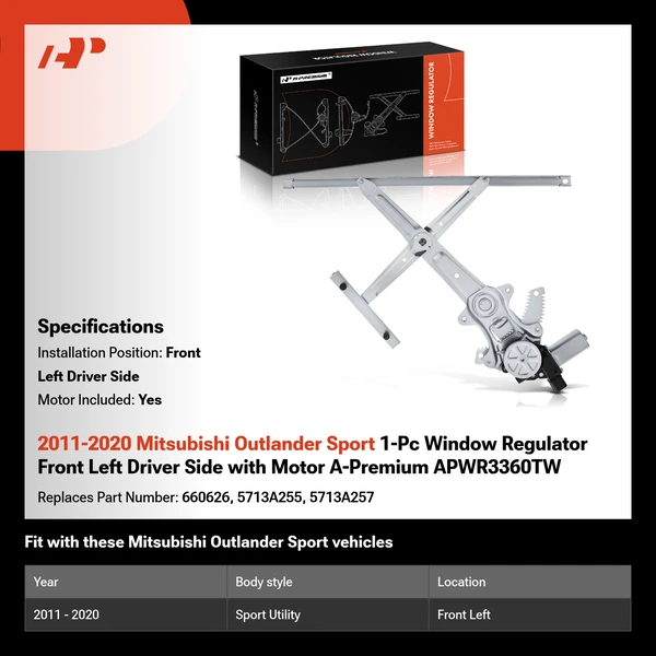 2011-2020 Mitsubishi Outlander Sport 1-Pc Window Regulator Front Left Driver Side with Motor A-Premium APWR3360TW