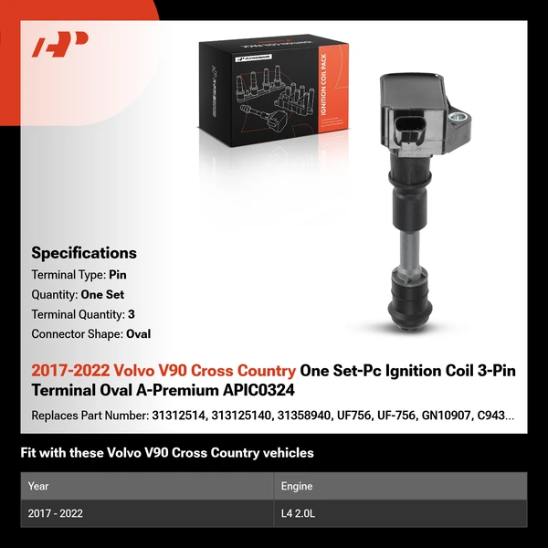2017-2022 Volvo V90 Cross Country One Set-Pc Ignition Coil 3-Pin Terminal Oval A-Premium APIC0324