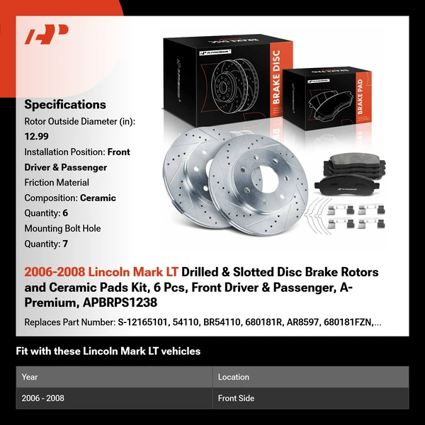 2006-2008 Lincoln Mark LT Drilled & Slotted Disc Brake Rotors and Ceramic Pads Kit, 6 Pcs, Front Driver & Passenger, A-Premium, APBRPS1238