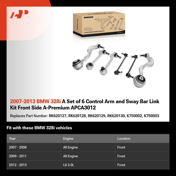 2007-2013 BMW 328i A Set of 6 Control Arm and Sway Bar Link Kit Front Side A-Premium APCA3012
