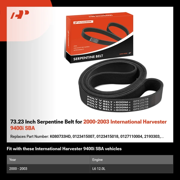 73.23 Inch Serpentine Belt for 2000-2003 International Harvester 9400i SBA