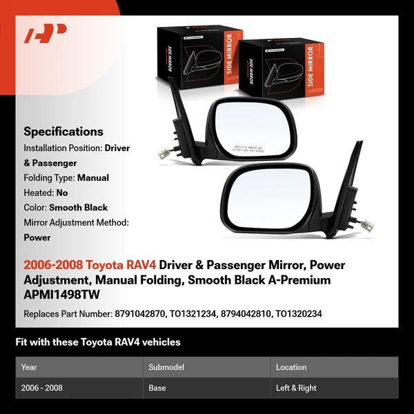 2006-2008 Toyota RAV4 Driver & Passenger Mirror, Power Adjustment, Manual Folding, Smooth Black A-Premium APMI1498TW