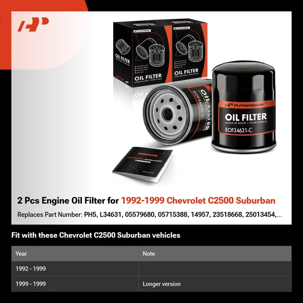 2 Pcs Engine Oil Filter for 1992-1999 Chevrolet C2500 Suburban