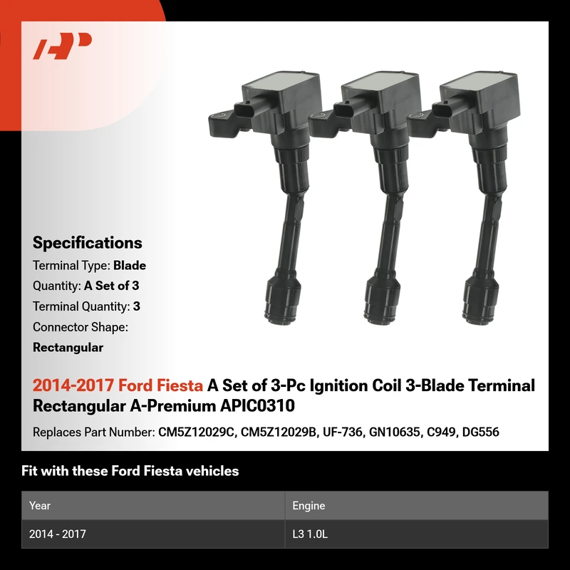 2014-2017 Ford Fiesta A Set of 3-Pc Ignition Coil 3-Blade Terminal Rectangular A-Premium APIC0310