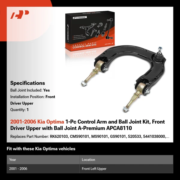 2001-2006 Kia Optima 1-Pc Control Arm and Ball Joint Kit, Front Driver Upper with Ball Joint A-Premium APCA8110