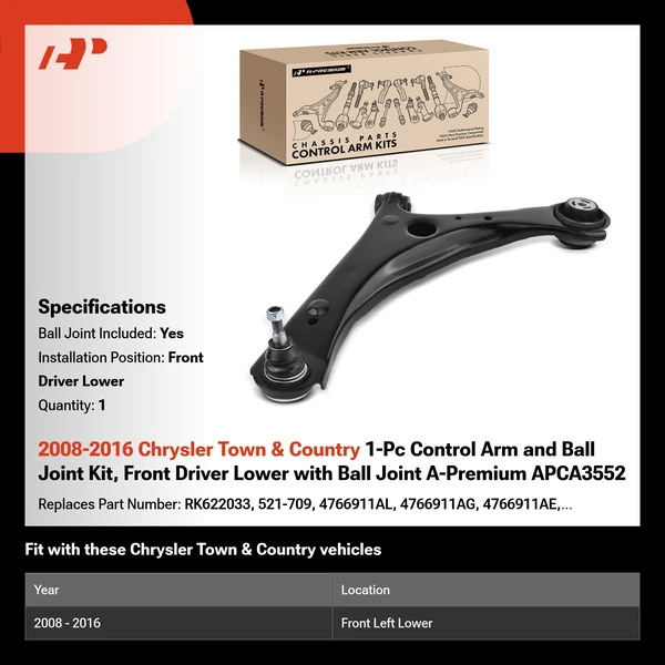 2008-2016 Chrysler Town & Country 1-Pc Control Arm and Ball Joint Kit, Front Driver Lower with Ball Joint A-Premium APCA3552