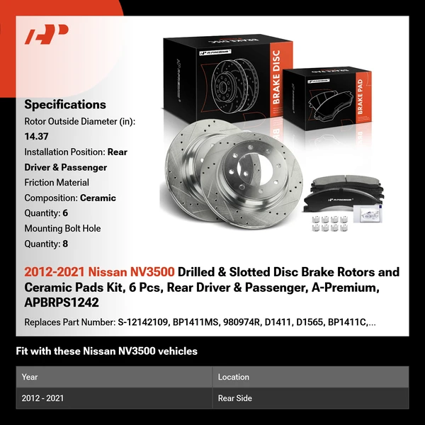 2012-2021 Nissan NV3500 Drilled & Slotted Disc Brake Rotors and Ceramic Pads Kit, 6 Pcs, Rear Driver & Passenger, A-Premium, APBRPS1242