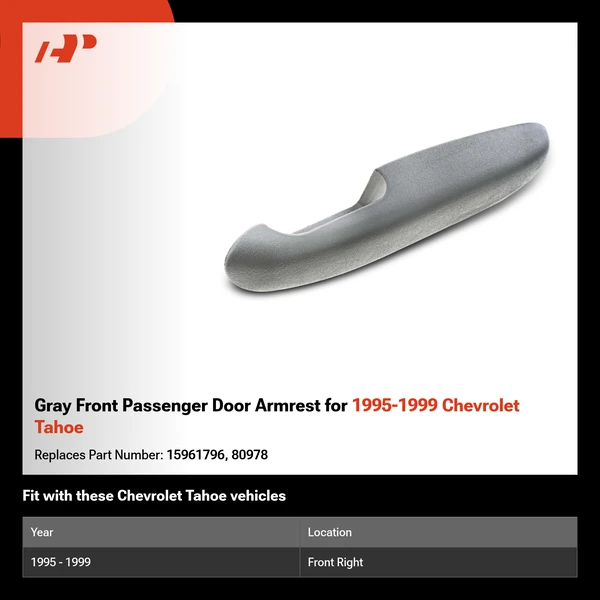 Gray Front Passenger Door Armrest for 1995-1999 Chevrolet Tahoe