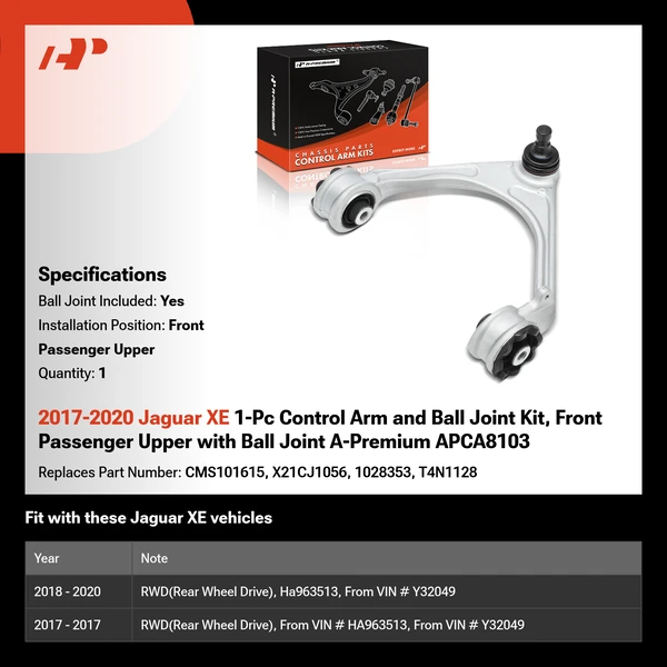 2017-2020 Jaguar XE 1-Pc Control Arm and Ball Joint Kit, Front Passenger Upper with Ball Joint A-Premium APCA8103