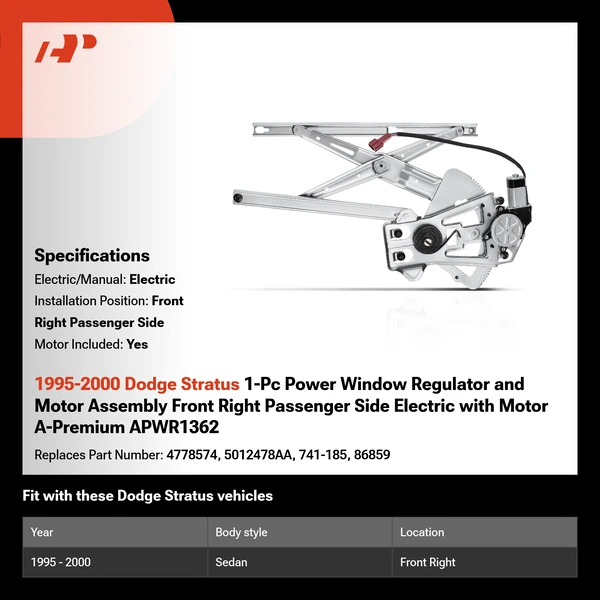 1995-2000 Dodge Stratus 1-Pc Power Window Regulator and Motor Assembly Front Right Passenger Side Electric with Motor A-Premium APWR1362