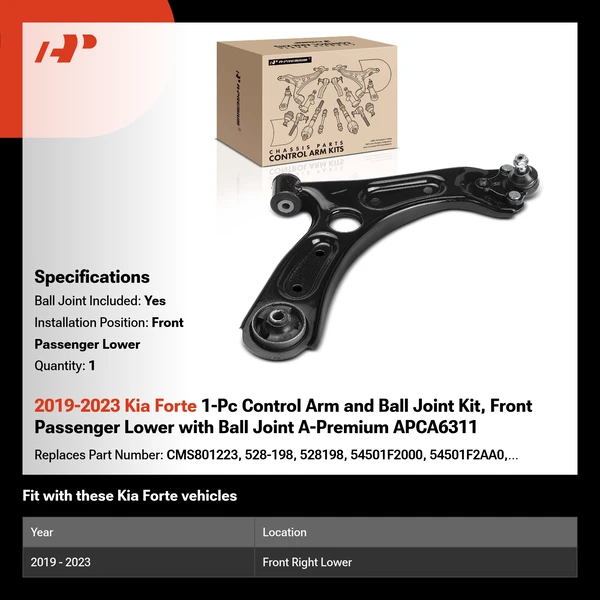 2019-2023 Kia Forte 1-Pc Control Arm and Ball Joint Kit, Front Passenger Lower with Ball Joint A-Premium APCA6311