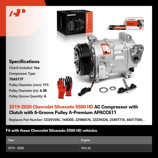2019-2020 Chevrolet Silverado 5500 HD AC Compressor with Clutch with 6-Groove Pulley A-Premium APACC611