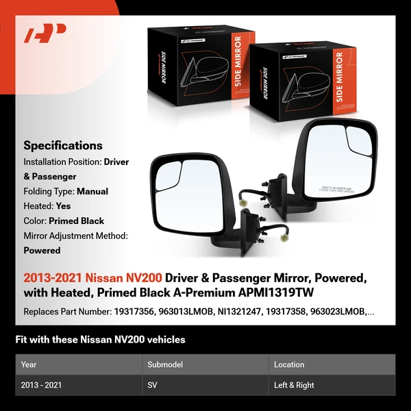 2013-2021 Nissan NV200 Driver & Passenger Mirror, Powered, with Heated, Primed Black A-Premium APMI1319TW