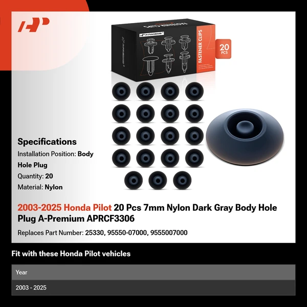 2003-2025 Honda Pilot 20 Pcs 7mm Nylon Dark Gray Body Hole Plug A-Premium APRCF3306