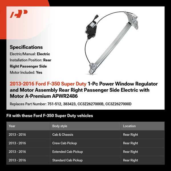 2013-2016 Ford F-350 Super Duty 1-Pc Power Window Regulator and Motor Assembly Rear Right Passenger Side Electric with Motor A-Premium APWR2486
