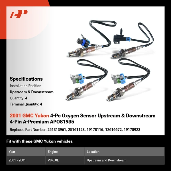 2001 GMC Yukon 4-Pc Oxygen Sensor Upstream & Downstream 4-Pin A-Premium APOS1935