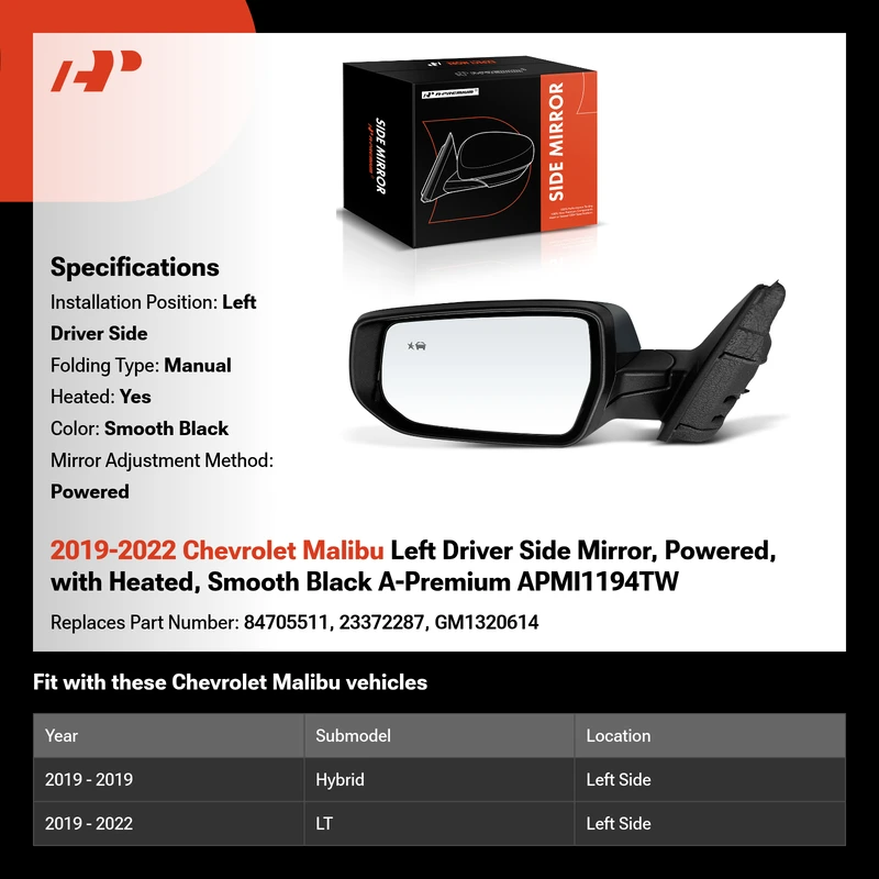 2019-2022 Chevrolet Malibu Left Driver Side Mirror, Powered, with Heated, Smooth Black A-Premium APMI1194TW