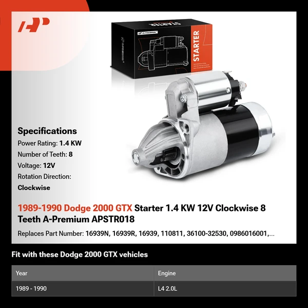 1989-1990 Dodge 2000 GTX Starter 1.4 KW 12V Clockwise 8 Teeth A-Premium APSTR018