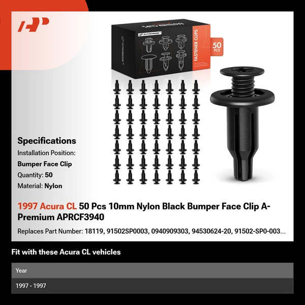 1997 Acura CL 50 Pcs 10mm Nylon Black Bumper Face Clip A-Premium APRCF3940