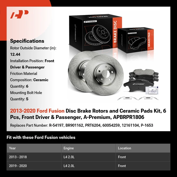 2013-2020 Ford Fusion Disc Brake Rotors and Ceramic Pads Kit, 6 Pcs, Front Driver & Passenger, A-Premium, APBRPR1806