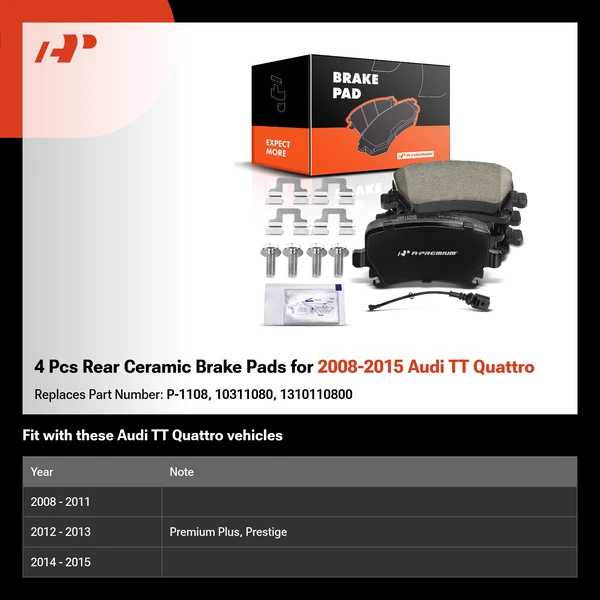 4 Pcs Rear Ceramic Brake Pads for 2008-2015 Audi TT Quattro