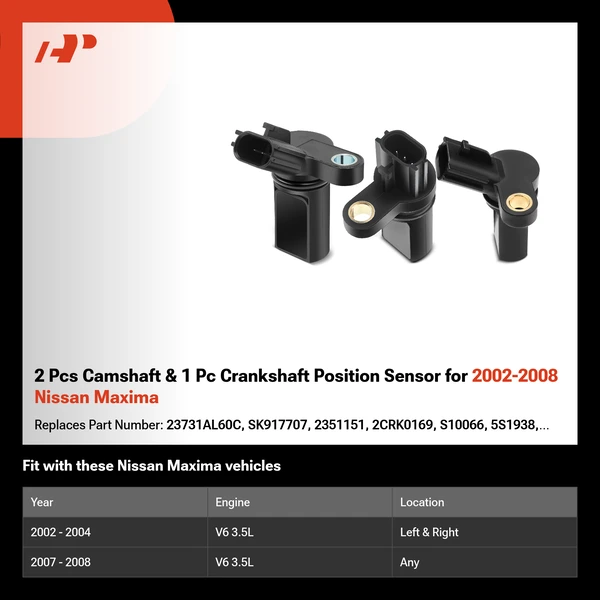 2 Pcs Camshaft & 1 Pc Crankshaft Position Sensor for 2002-2008 Nissan Maxima