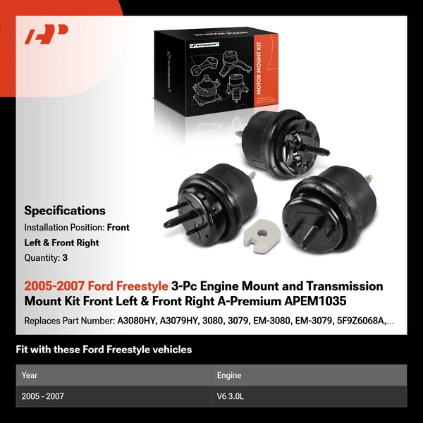 2005-2007 Ford Freestyle 3-Pc Engine Mount and Transmission Mount Kit Front Left & Front Right A-Premium APEM1035