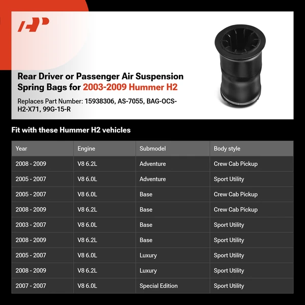 Rear Driver or Passenger Air Suspension Spring Bags for 2003-2009 Hummer H2