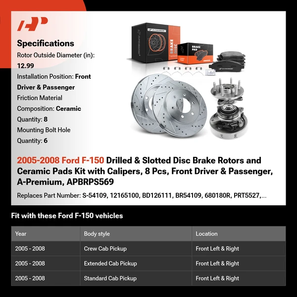 2005-2008 Ford F-150 Drilled & Slotted Disc Brake Rotors and Ceramic Pads Kit with Calipers, 8 Pcs, Front Driver & Passenger, A-Premium, APBRPS569