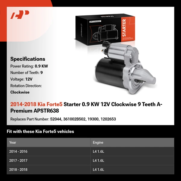 2014-2018 Kia Forte5 Starter 0.9 KW 12V Clockwise 9 Teeth A-Premium APSTR638