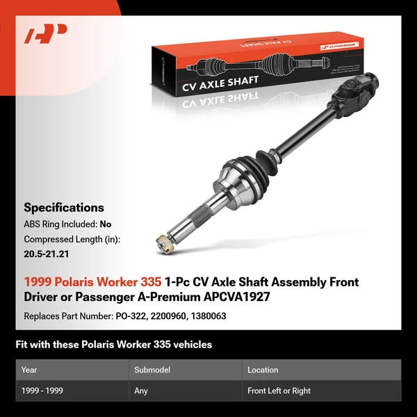 1999 Polaris Worker 335 1-Pc CV Axle Shaft Assembly Front Driver or Passenger A-Premium APCVA1927