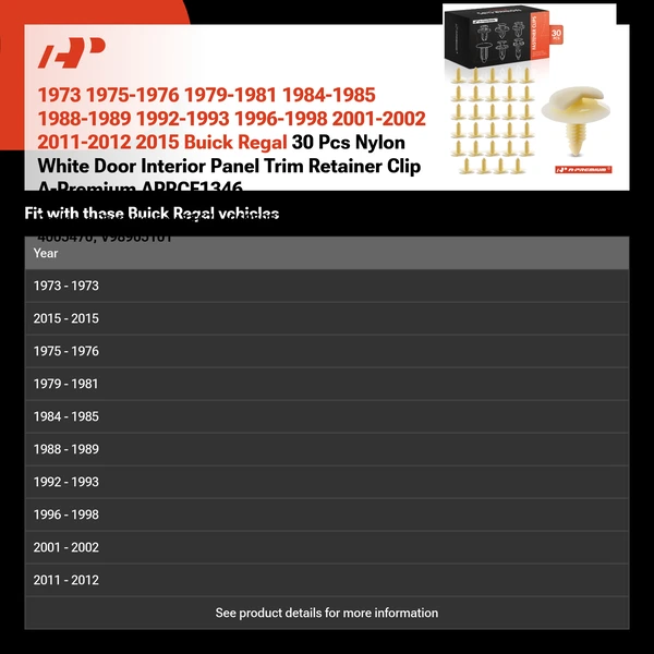 1973 1975-1976 1979-1981 1984-1985 1988-1989 1992-1993 1996-1998 2001-2002 2011-2012 2015 Buick Regal 30 Pcs Nylon White Door Interior Panel Trim Retainer Clip A-Premium APRCF1346