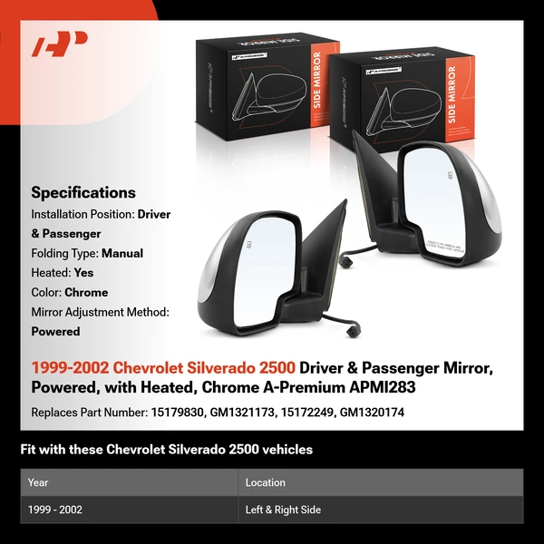 1999-2002 Chevrolet Silverado 2500 Driver & Passenger Mirror, Powered, with Heated, Chrome A-Premium APMI283