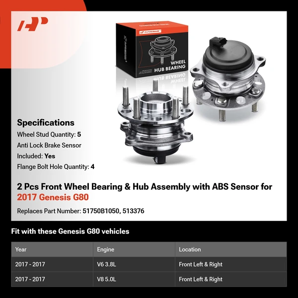2 Pcs Front Wheel Bearing & Hub Assembly with ABS Sensor for 2017 Genesis G80
