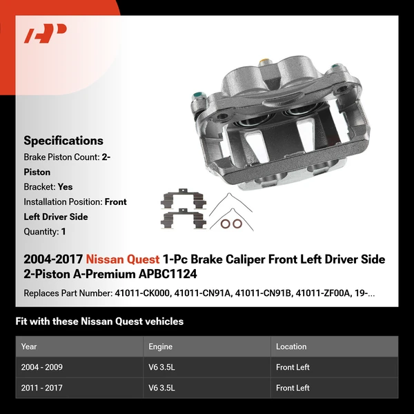 2004-2017 Nissan Quest 1-Pc Brake Caliper Front Left Driver Side 2-Piston A-Premium APBC1124