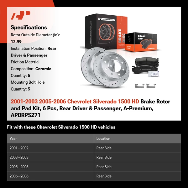 2001-2003 2005-2006 Chevrolet Silverado 1500 HD Brake Rotor and Pad Kit, 6 Pcs, Rear Driver & Passenger, A-Premium, APBRPS271