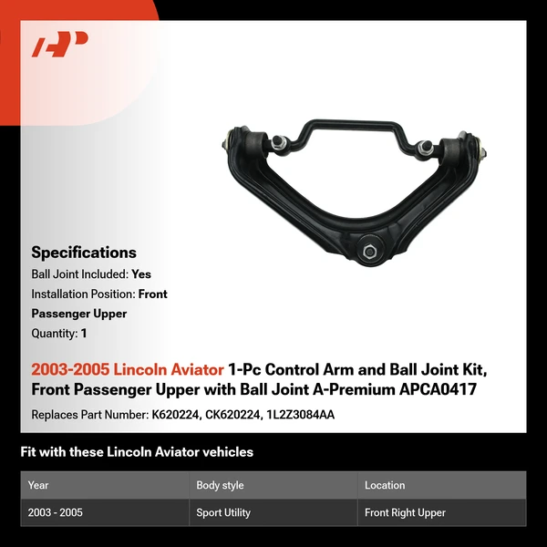 2003-2005 Lincoln Aviator 1-Pc Control Arm and Ball Joint Kit, Front Passenger Upper with Ball Joint A-Premium APCA0417