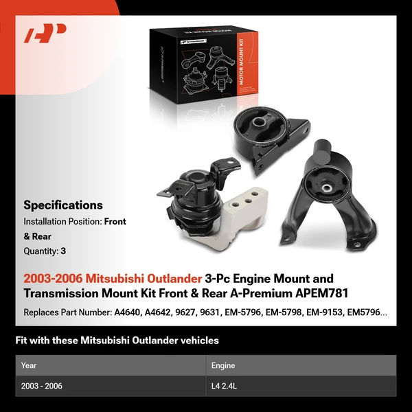 2003-2006 Mitsubishi Outlander 3-Pc Engine Mount and Transmission Mount Kit Front & Rear A-Premium APEM781
