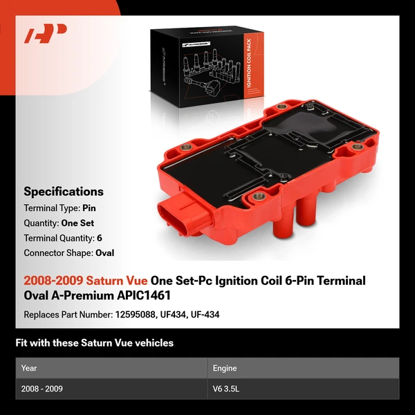 2008-2009 Saturn Vue One Set-Pc Ignition Coil 6-Pin Terminal Oval A-Premium APIC1461