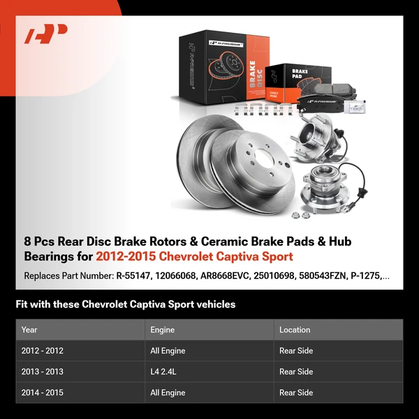 8 Pcs Rear Disc Brake Rotors & Ceramic Brake Pads & Hub Bearings for 2012-2015 Chevrolet Captiva Sport