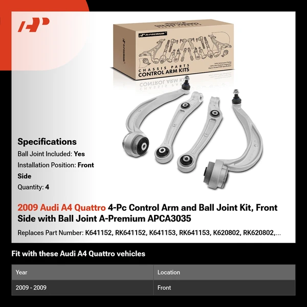 2009 Audi A4 Quattro 4-Pc Control Arm and Ball Joint Kit, Front Side with Ball Joint A-Premium APCA3035