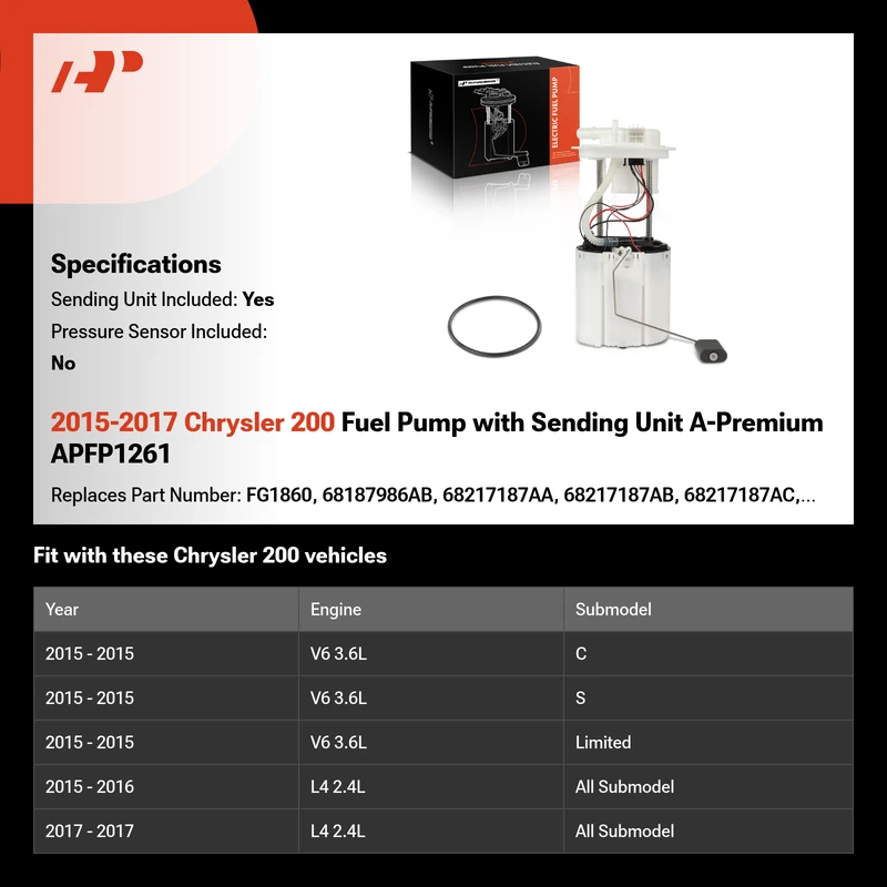 2015-2017 Chrysler 200 Fuel Pump with Sending Unit A-Premium APFP1261